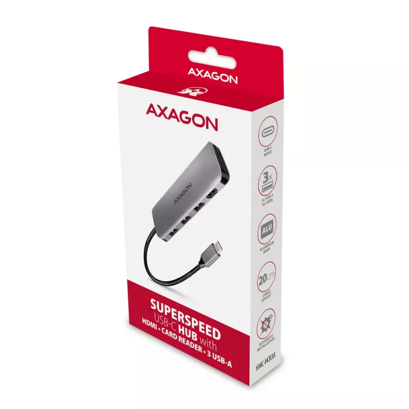 Axagon HMC-HCR3A 3x USB-A+ HDMI+ SD/microSD USB-C 3.2 Gen 1 hub 20cm bekabelde USB 3.2 Gen 1 (3.1 Gen 1) Type-C grijs