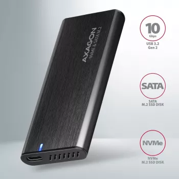 Axagon EEM2-SB2 Externe USB-C 3.2 Gen 2 metalen behuizing voor M.2 NVMe & SATA SSD's. Schroefloos