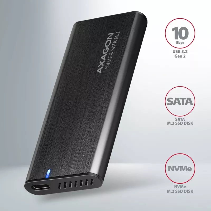 Axagon EEM2-SB2 Externe USB-C 3.2 Gen 2 metalen behuizing voor M.2 NVMe & SATA SSD's. Schroefloos