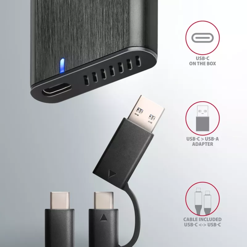 Axagon EEM2-SB2 Externe USB-C 3.2 Gen 2 metalen behuizing voor M.2 NVMe & SATA SSD's. Schroefloos