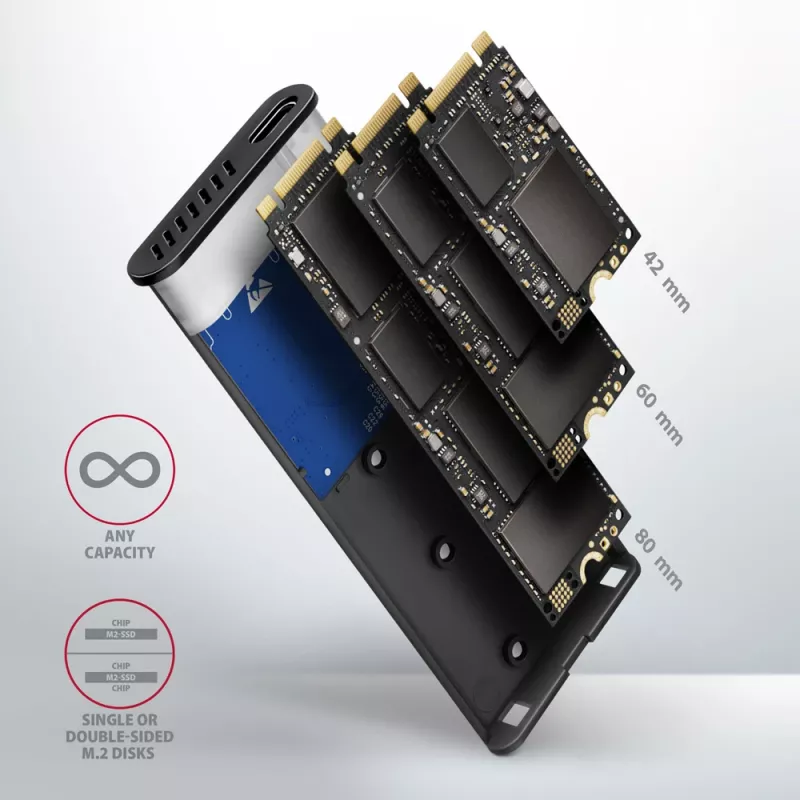 Axagon EEM2-SB2 Externe USB-C 3.2 Gen 2 metalen behuizing voor M.2 NVMe & SATA SSD's. Schroefloos
