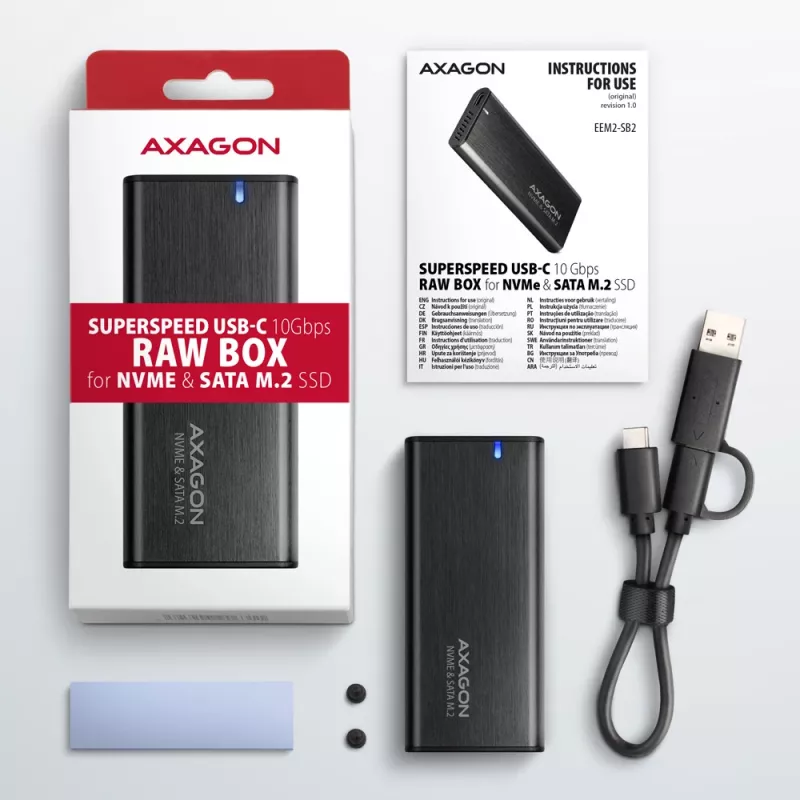Axagon EEM2-SB2 Externe USB-C 3.2 Gen 2 metalen behuizing voor M.2 NVMe & SATA SSD's. Schroefloos