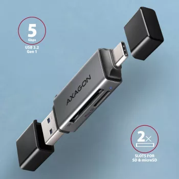 Axagon CRE-DAC USB-C+ USB-A 5 Gbps MINI 2-slot & LUN SD/microSD kaartlezer USB 3.0 Type-A/Type-C grijs