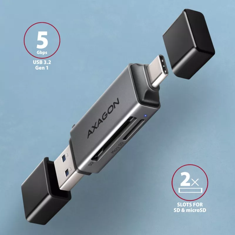 Axagon CRE-DAC USB-C+ USB-A 5 Gbps MINI 2-slot & LUN SD/microSD kaartlezer USB 3.0 Type-A/Type-C grijs