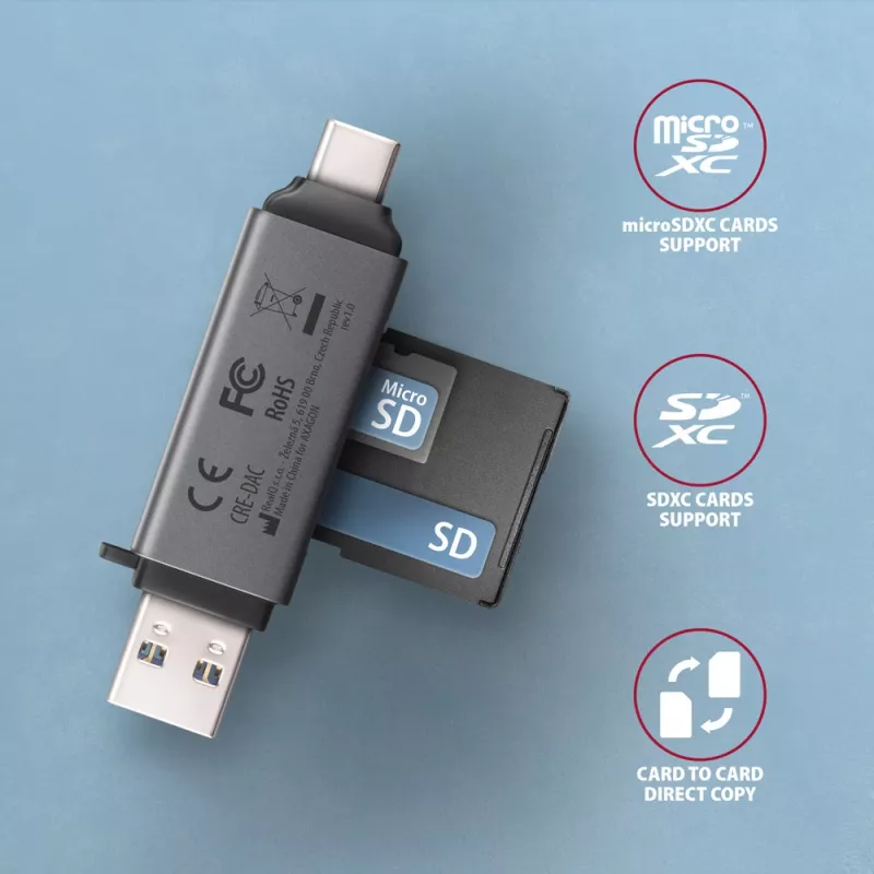 Axagon CRE-DAC USB-C+ USB-A 5 Gbps MINI 2-slot & LUN SD/microSD kaartlezer USB 3.0 Type-A/Type-C grijs