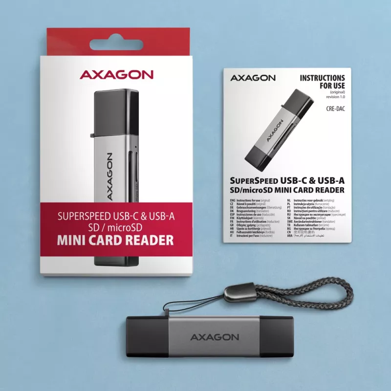 Axagon CRE-DAC USB-C+ USB-A 5 Gbps MINI 2-slot & LUN SD/microSD kaartlezer USB 3.0 Type-A/Type-C grijs