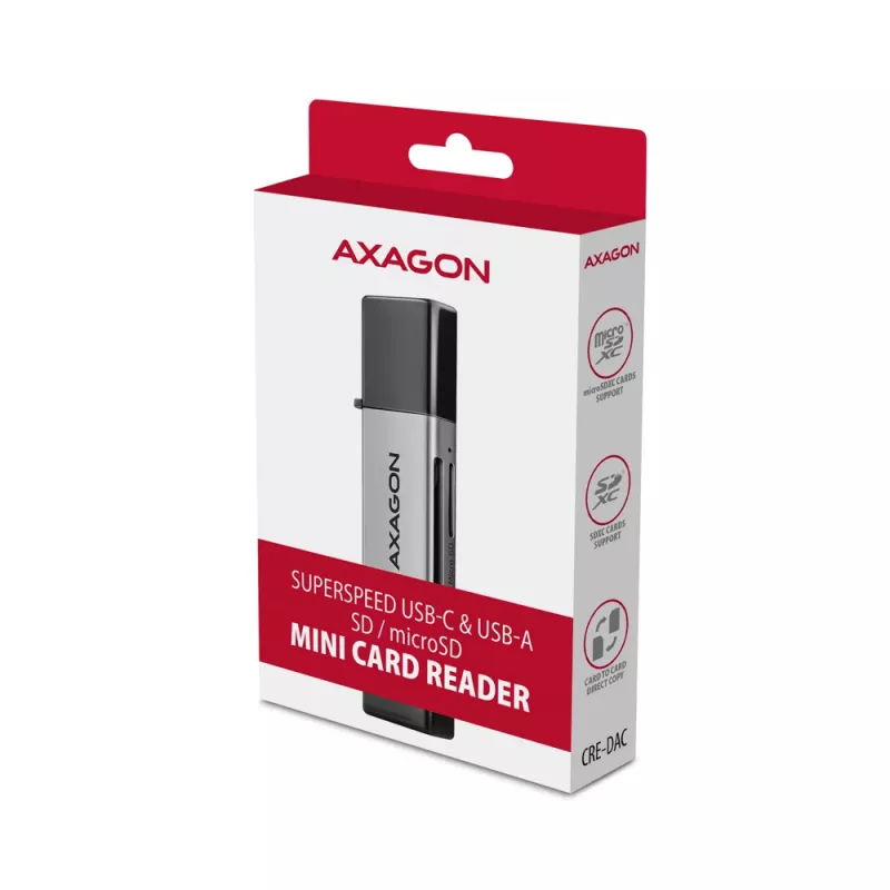 Axagon CRE-DAC USB-C+ USB-A 5 Gbps MINI 2-slot & LUN SD/microSD kaartlezer USB 3.0 Type-A/Type-C grijs