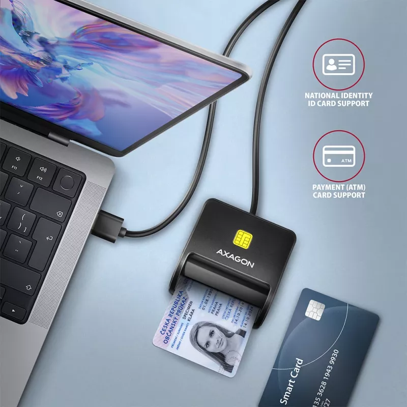 Axagon CRE-SM3N USB-A smartcard-/ID-kaart platte lezer, USB 2.0, 1,3 m, zwart, 57 g