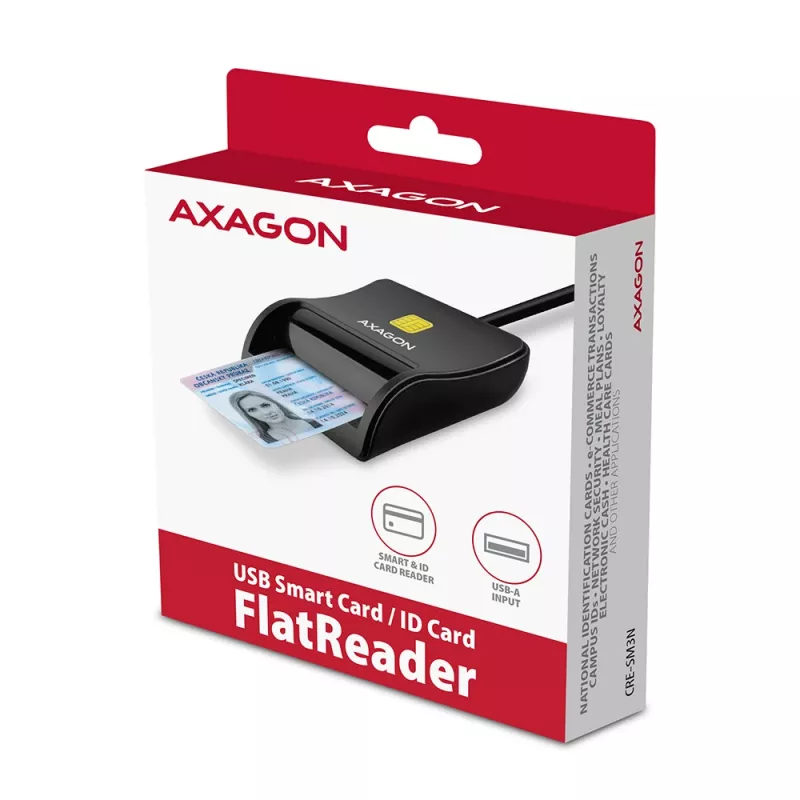 Axagon CRE-SM3N USB-A smartcard-/ID-kaart platte lezer, USB 2.0, 1,3 m, zwart, 57 g