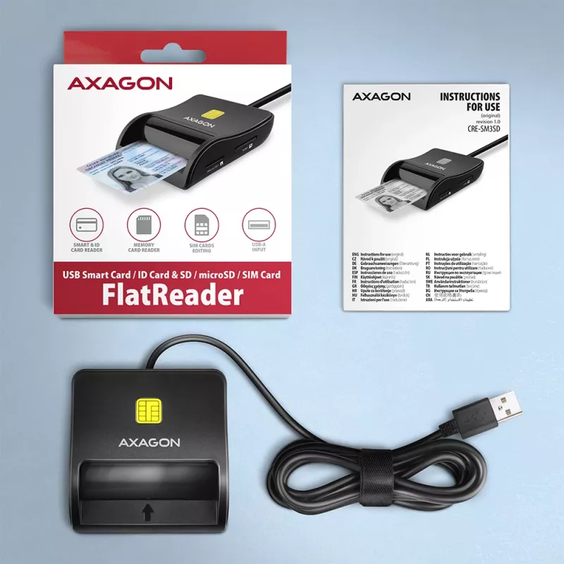 Axagon CRE-SM3SD USB smartcard- & SD/microSD/SIM platte kaartlezer indoor USB 2.0 zwart