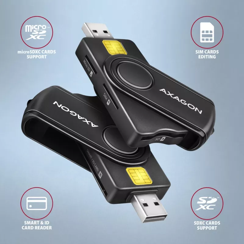 Axagon CRE-SMP2A USB smartcard- & SD/microSD/SIM PocketReader kaartlezer indoor USB Type-A/USB Type-C zwart