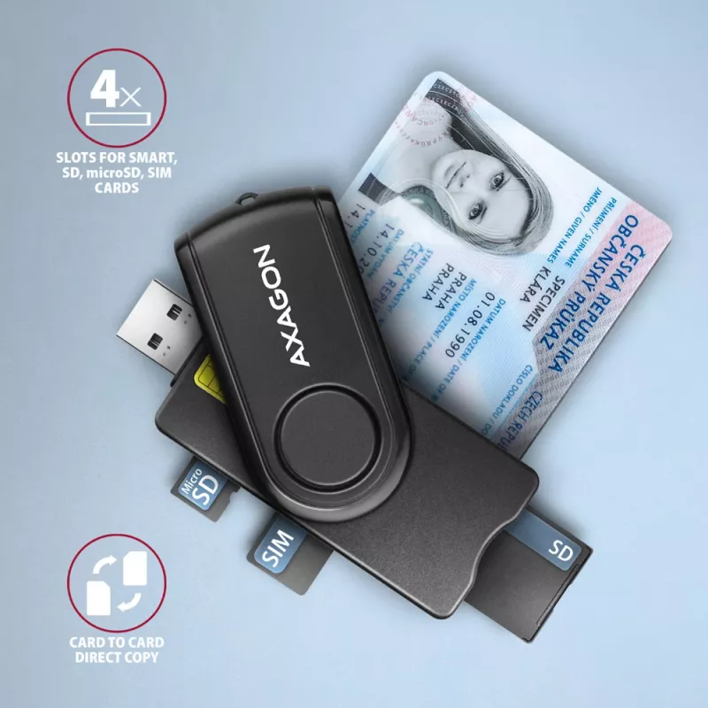 Axagon CRE-SMP2A USB smartcard- & SD/microSD/SIM PocketReader kaartlezer indoor USB Type-A/USB Type-C zwart
