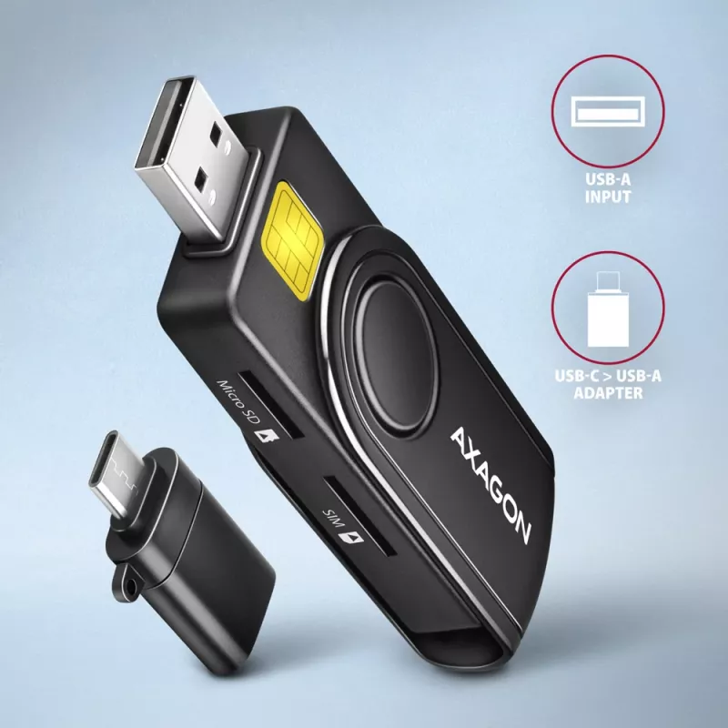 Axagon CRE-SMP2A USB smartcard- & SD/microSD/SIM PocketReader kaartlezer indoor USB Type-A/USB Type-C zwart