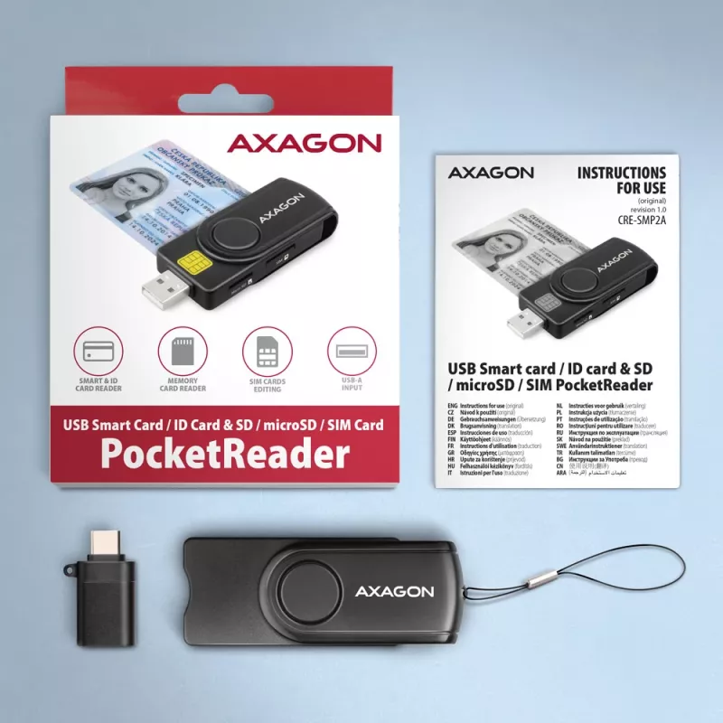 Axagon CRE-SMP2A USB smartcard- & SD/microSD/SIM PocketReader kaartlezer indoor USB Type-A/USB Type-C zwart