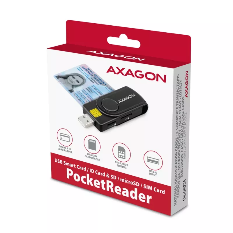 Axagon CRE-SMP2A USB smartcard- & SD/microSD/SIM PocketReader kaartlezer indoor USB Type-A/USB Type-C zwart