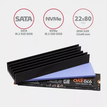 Axagon CLR-M2L10 passieve aluminium koelbody voor alle M.2 SSD's, maat 2280, 10 mm hoog.