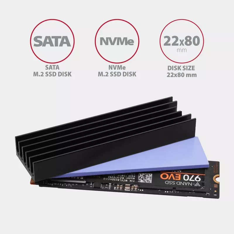 Axagon CLR-M2L10 passieve aluminium koelbody voor alle M.2 SSD's, maat 2280, 10 mm hoog.