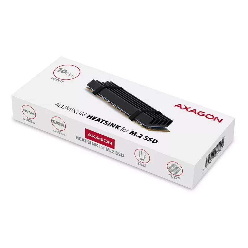 Axagon CLR-M2L10 passieve aluminium koelbody voor alle M.2 SSD's, maat 2280, 10 mm hoog.