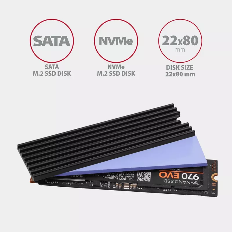 Axagon CLR-M2L3 passieve aluminium koelbody voor alle M.2 SSD's, maat 2280, hoogte 3 mm