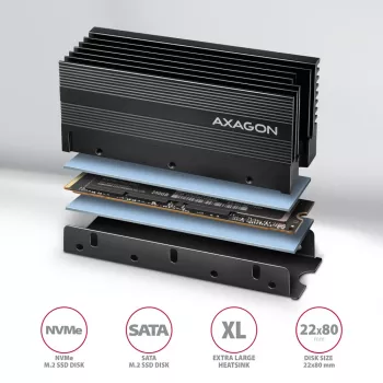 Axagon CLR-M2XL passieve aluminium koelbody voor enkelzijdige en dubbelzijdige M.2 SSD's, maat 2280, hoogte 36 mm