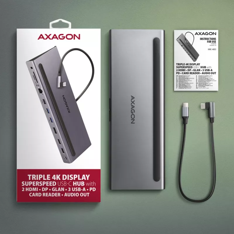 Dockingstation Axagon HMC-4KX3 USB-C 5Gbps-hub, 3x USB-A, 2x HDMI, DP, RJ-45, SD/microSD, audio, PD 100W, kabel 40cm