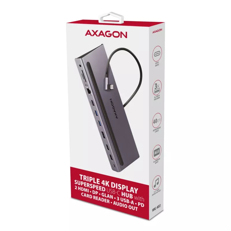 Dockingstation Axagon HMC-4KX3 USB-C 5Gbps-hub, 3x USB-A, 2x HDMI, DP, RJ-45, SD/microSD, audio, PD 100W, kabel 40cm