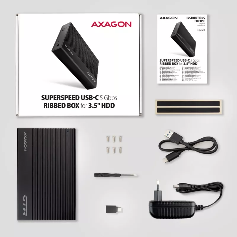 Axagon EE35-GTR USB-C 5Gbps - SATA 6G, 3.5 RIBBED box BLACK - USB Type-C HDD-behuizing 3,5 inch