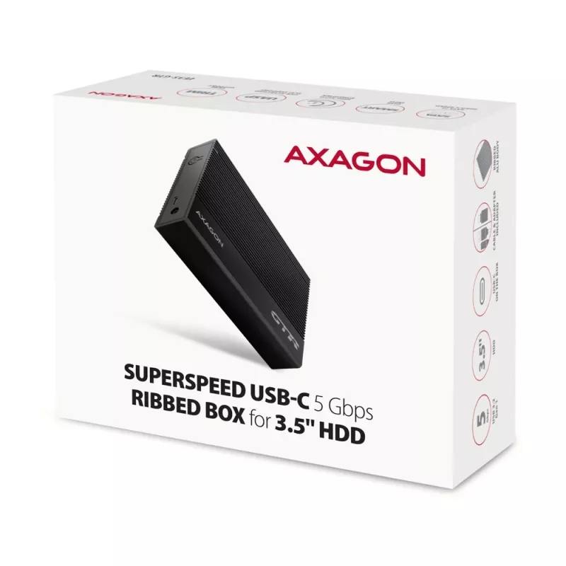 Axagon EE35-GTR USB-C 5Gbps - SATA 6G, 3.5 RIBBED box BLACK - USB Type-C HDD-behuizing 3,5 inch