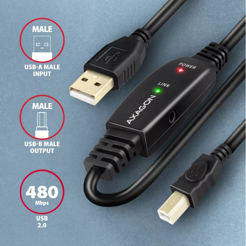 Axagon ADR-215B USB 2.0 A-M -> B-M actieve verbindings-/repeaterkabel 15 m