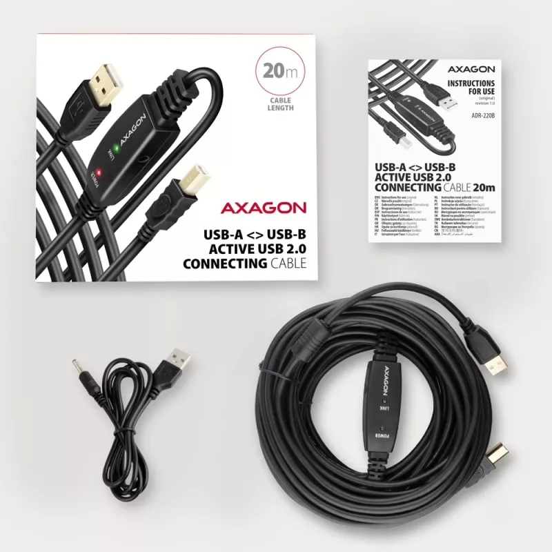 Axagon ADR-220B actieve USB 2.0 A-M -> B-M verbindings-/repeaterkabel 20 m