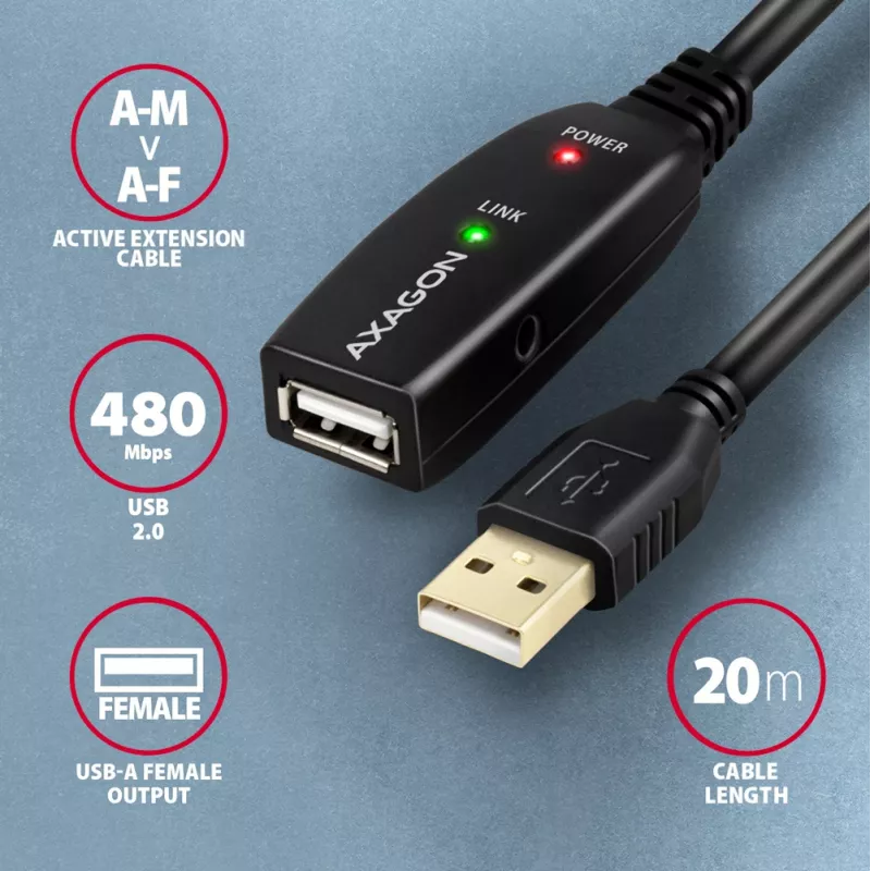 Axagon ADR-220 USB 2.0 A-M -> A-F actieve verleng-/repeaterkabel 20 m