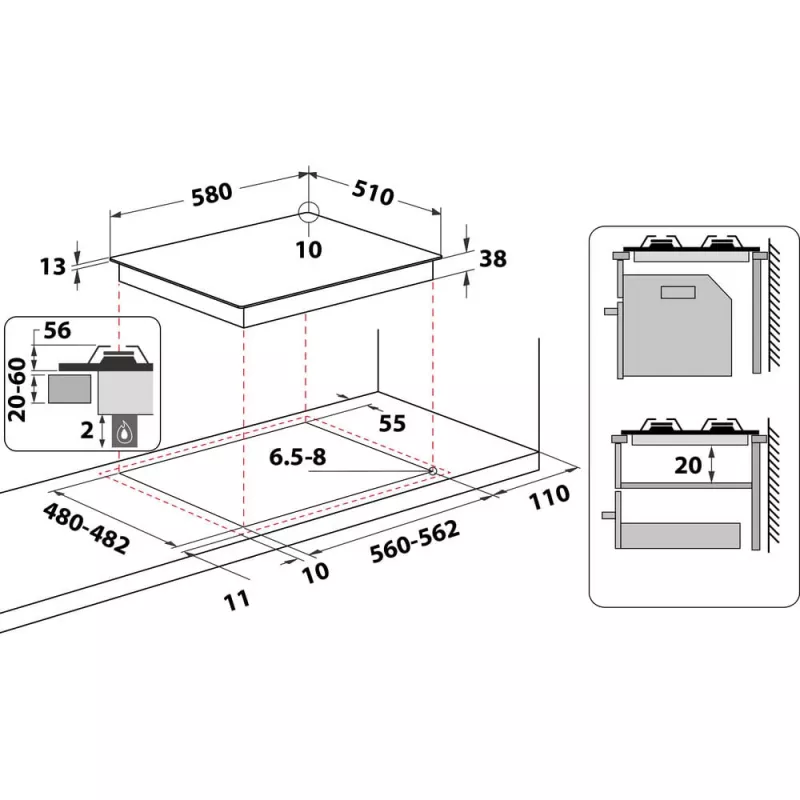 Whirlpool TGML 661 IX R RVS inbouw 58 cm gas 4 zone(s)