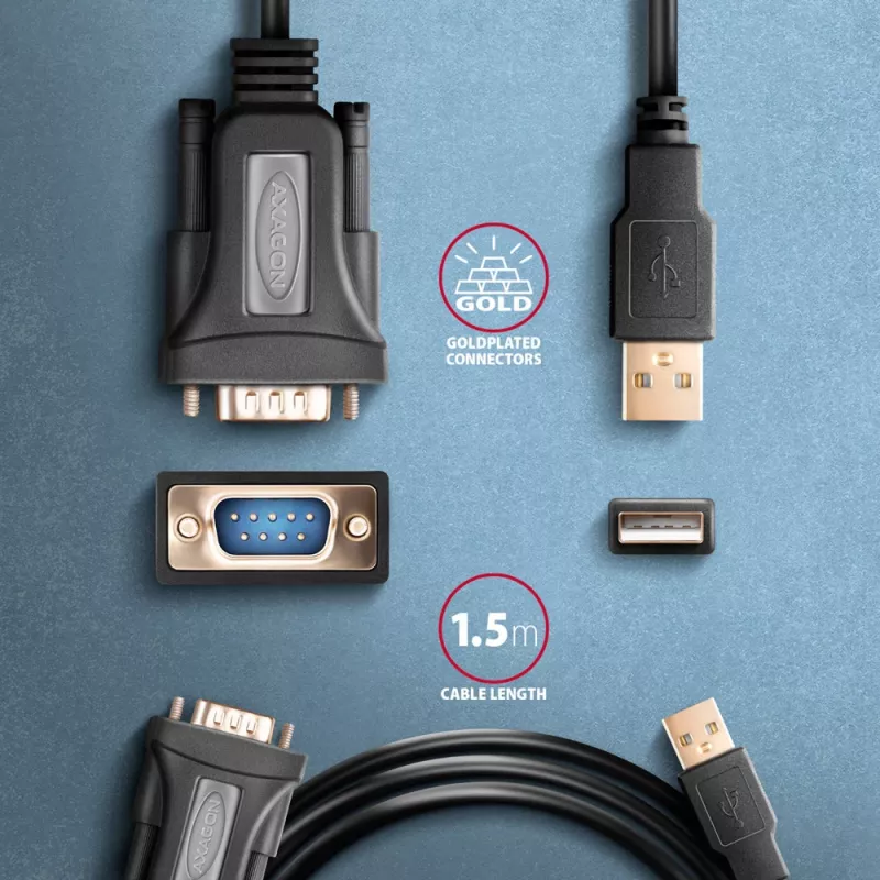 Axagon ADS-1PQN USB-A 2.0 - serieel RS-232 DB9-M FTDI-adapterkabel