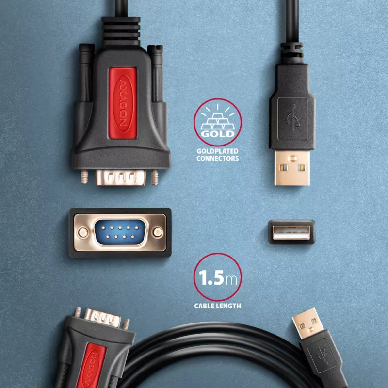 Axagon ADS-1PSN USB-A 2.0 - serieel RS-232 DB9-M Prolific adapterkabel 1,5 m