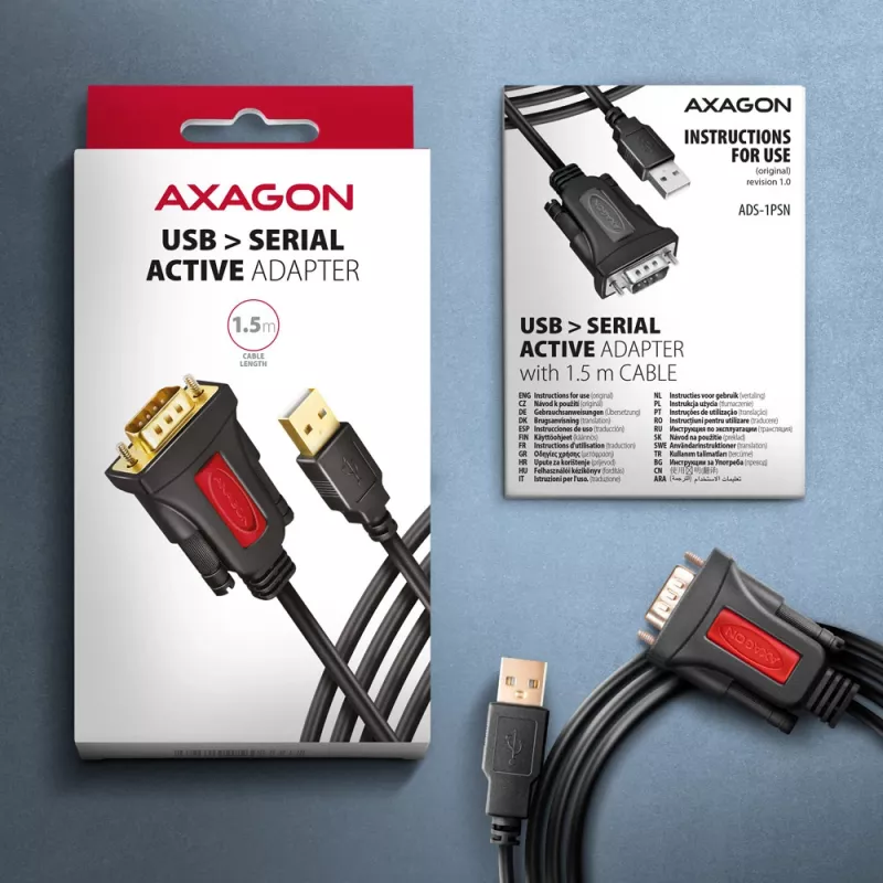 Axagon ADS-1PSN USB-A 2.0 - serieel RS-232 DB9-M Prolific adapterkabel 1,5 m