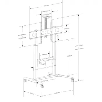 Multimediatrolley TECHLY ICA-TR230 zwart voor flatscreen tot 110 inch, VESA 900x600, hoogte 1850 mm, draagvermogen 120 kg