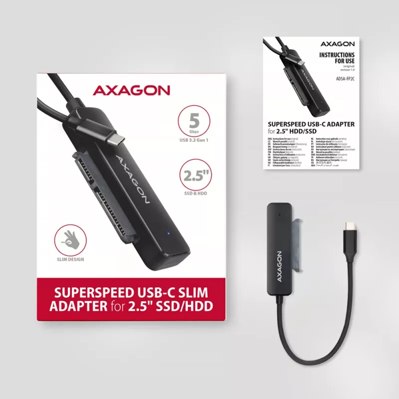 Axagon ADSA-FP2C USB-C 5Gbps - SATA 6G, 2.5 SSD/HDD SLIM adapter - adapter - digitale/data-interfacekaarten/adapters