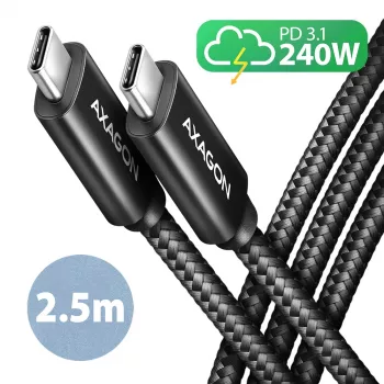 Axagon BUCM2-CM25AB data- en oplaadkabel USB 480Mbps 2,5 m. PD 240W, 5A. zwart gevlochten