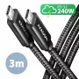Axagon BUCM2-CM30AB data- en oplaadkabel USB 480Mbps 3 m. PD 240W, 5A. zwart gevlochten