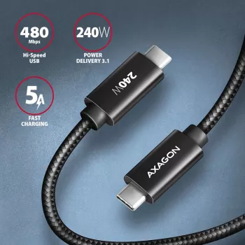 Axagon BUCM2-CM30AB data- en oplaadkabel USB 480Mbps 3 m. PD 240W, 5A. zwart gevlochten