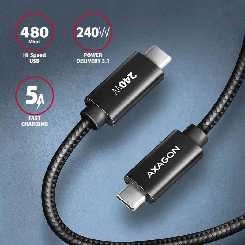 Axagon BUCM2-CM30AB data- en oplaadkabel USB 480Mbps 3 m. PD 240W, 5A. zwart gevlochten