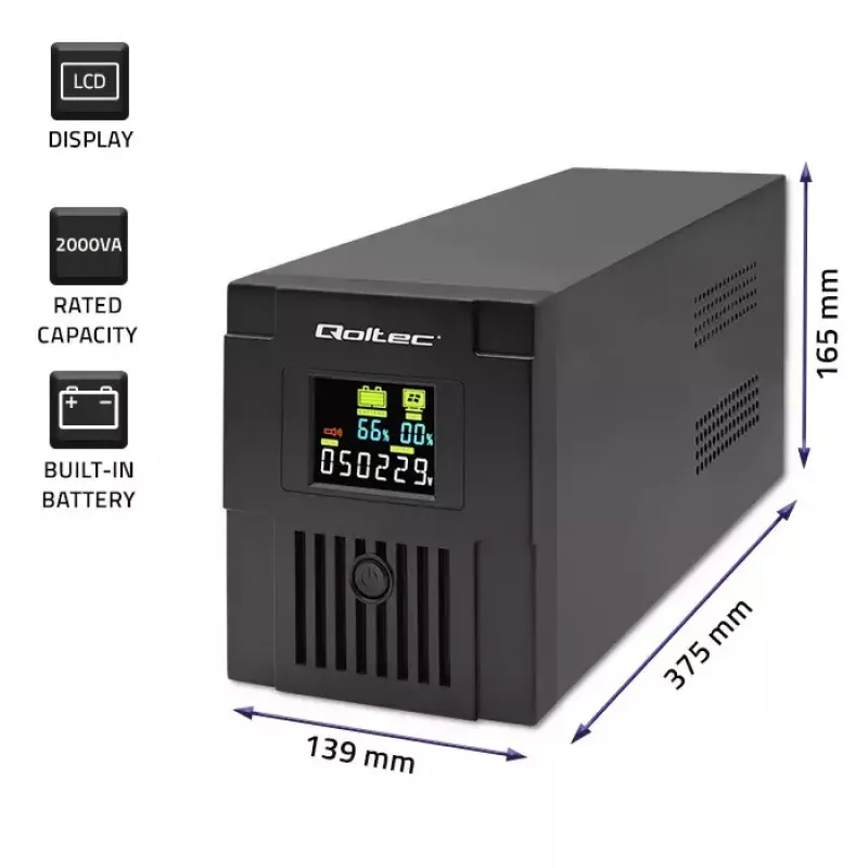 Uninterruptible Power Supply Qoltec 53771 2 kVA 1200 W 2 AC-uitgangen
