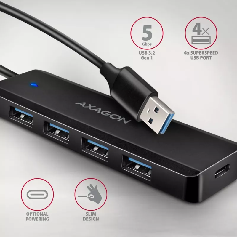 Axagon HUE-C1A 4x USB 5Gbps TRAVEL-hub, USB-C power-ingang, 19 cm USB-A-kabel