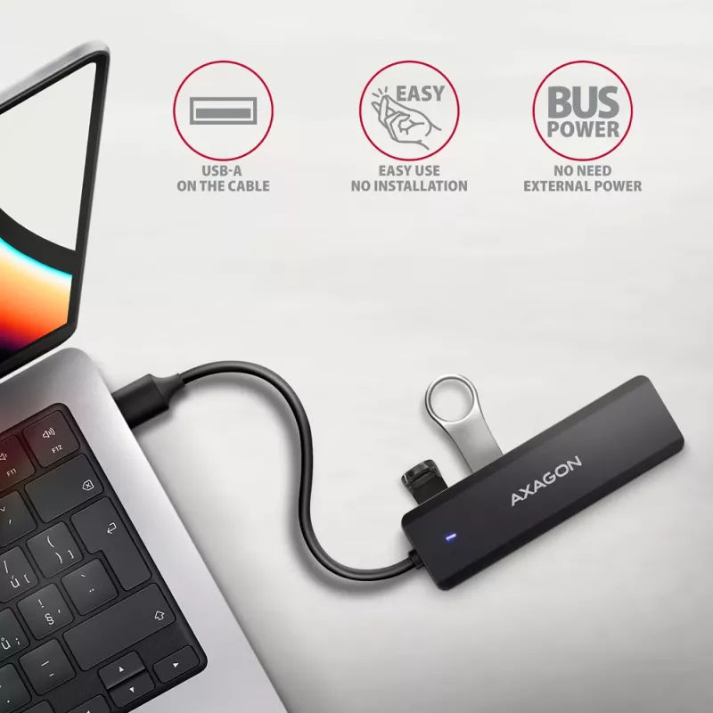 Axagon HUE-C1A 4x USB 5Gbps TRAVEL-hub, USB-C power-ingang, 19 cm USB-A-kabel