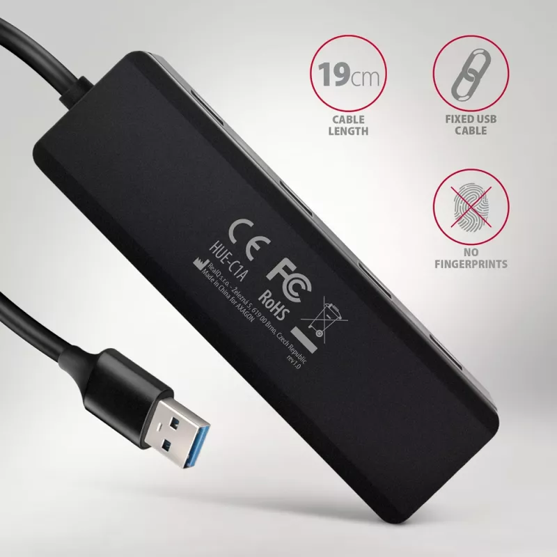 Axagon HUE-C1A 4x USB 5Gbps TRAVEL-hub, USB-C power-ingang, 19 cm USB-A-kabel