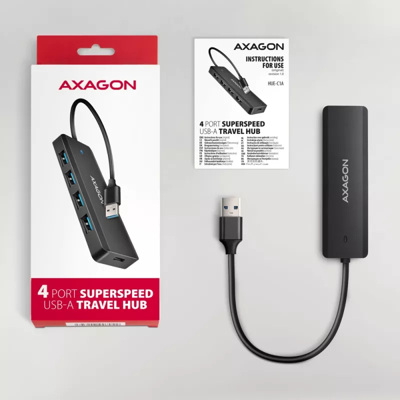 Axagon HUE-C1A 4x USB 5Gbps TRAVEL-hub, USB-C power-ingang, 19 cm USB-A-kabel