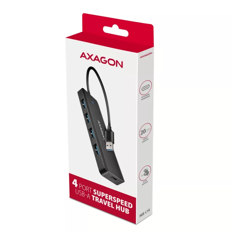 Axagon HUE-C1A 4x USB 5Gbps TRAVEL-hub, USB-C power-ingang, 19 cm USB-A-kabel