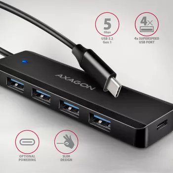 Axagon HUE-C1C 4x USB 5Gbps TRAVEL-hub, USB-C power IN, 19 cm USB-C-kabel