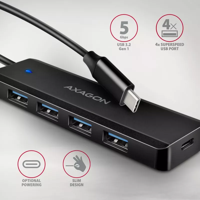 Axagon HUE-C1C 4x USB 5Gbps TRAVEL-hub, USB-C power IN, 19 cm USB-C-kabel