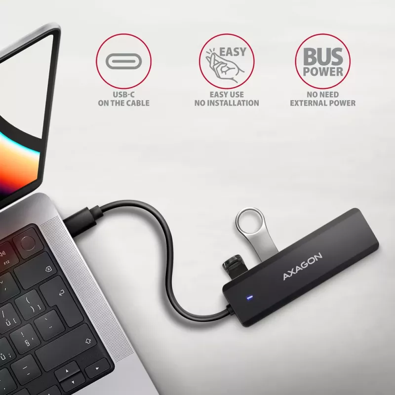 Axagon HUE-C1C 4x USB 5Gbps TRAVEL-hub, USB-C power IN, 19 cm USB-C-kabel